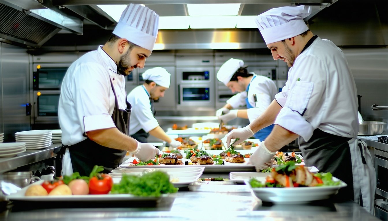 A well-organized commercial kitchen with chefs eff