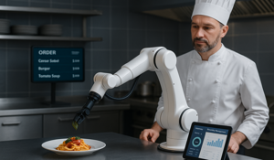 Chef working with robots in kitchen